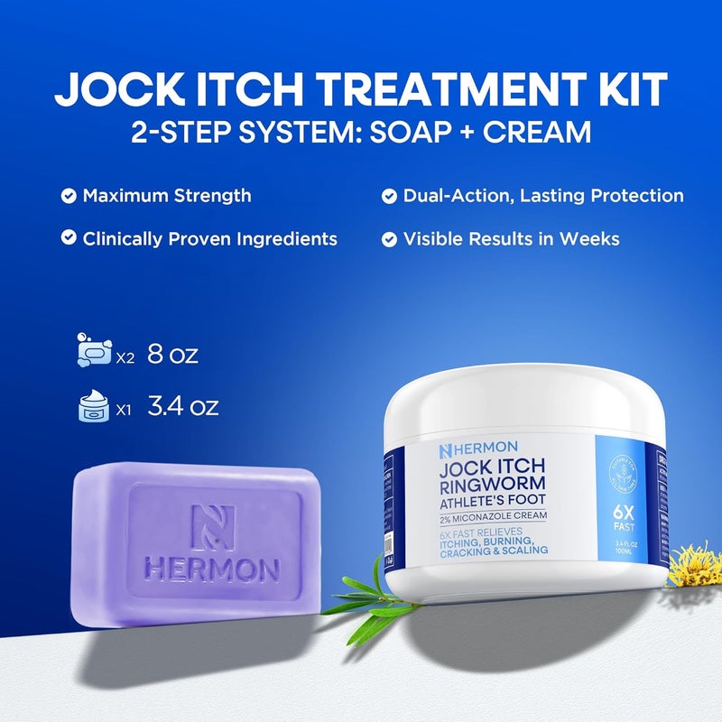 Hermon Clotrimazole Antifungal Treatment Cream & Soap Kit: Antifungal Cream for Athletes Foot, Jock Itch, Ringworm with Anti Fungal Soap - Relieves Itching Burning Cracking - 57g Tube / 113g Bar - Image 2